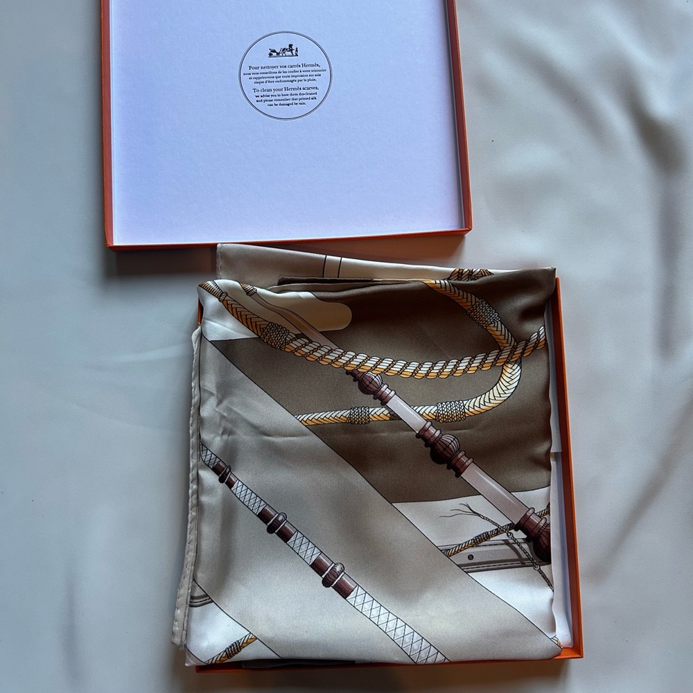 Hermes Silk Scarf in Beige and Brown